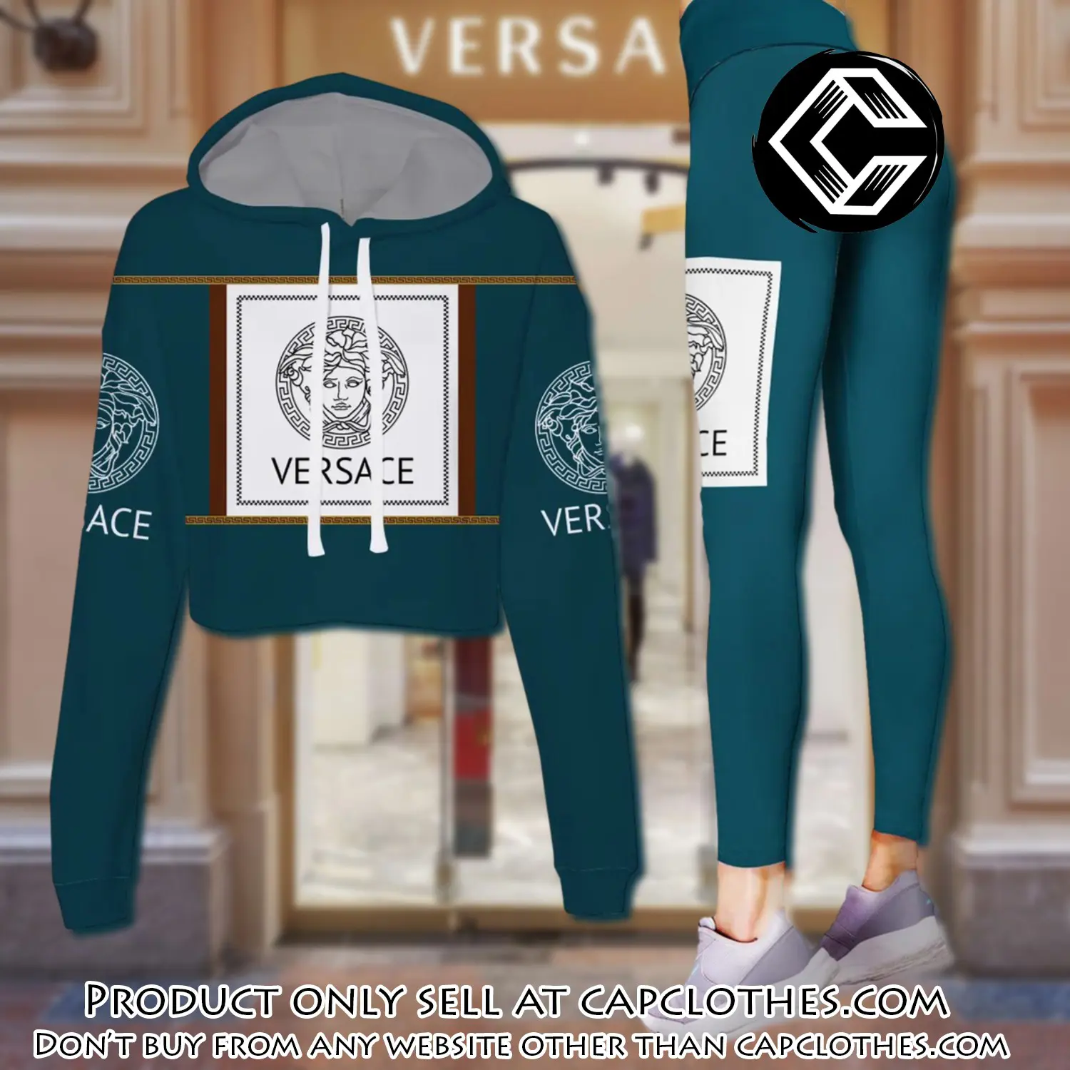 Versace teal color luxury brand clothes leggings and crop top set for women cc5220789